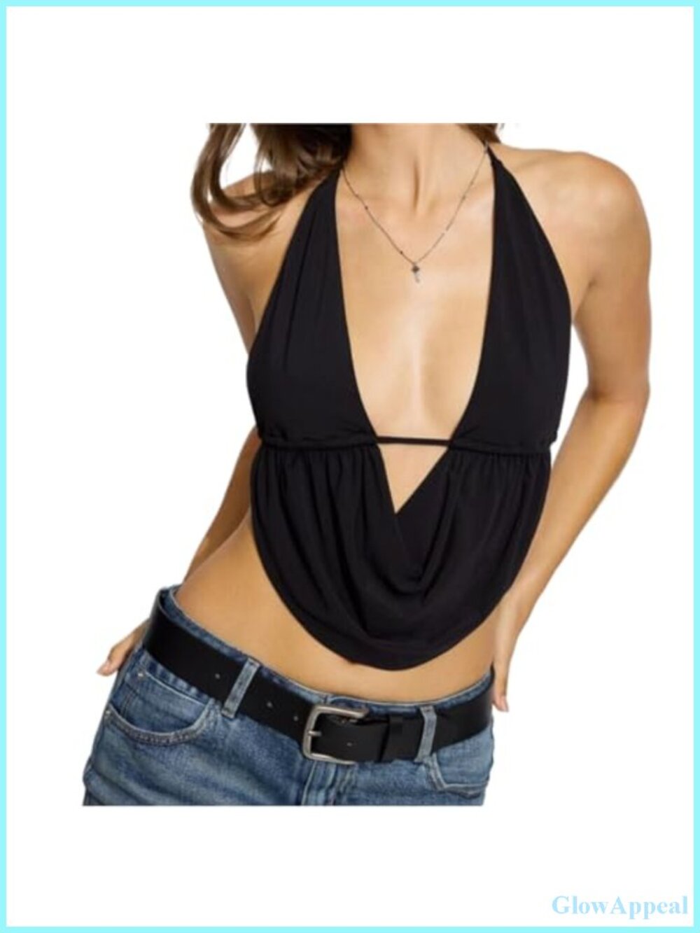 Women Backless Halter Top Tie Back Deep V Neck Ruched Sleeveless Crop Top